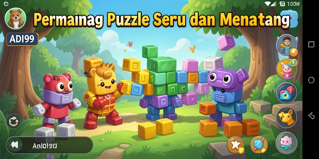 Screenshot utama ADI99 menunjukkan gameplay seru dengan berbagai puzzle yang menantang.