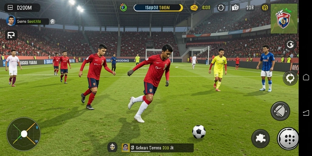 Screenshot D200M menunjukkan aksi seru di lapangan sepak bola.