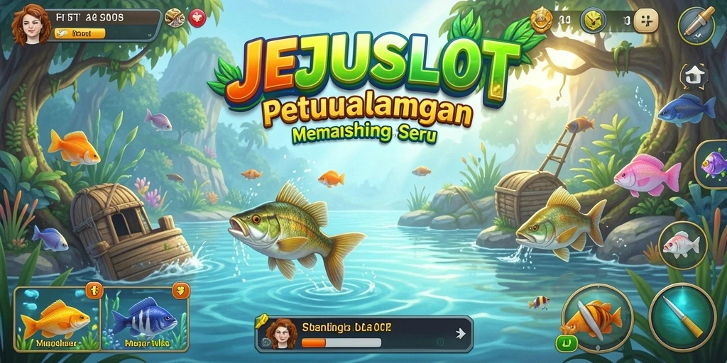 Tampilan gameplay JEJUSLOT saat menangkap ikan di danau.