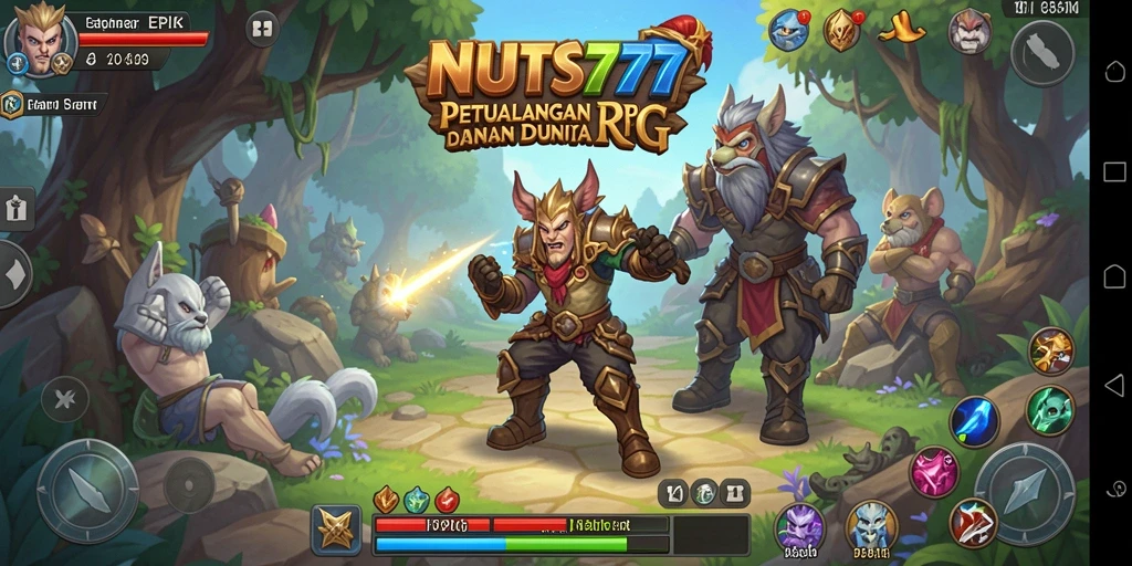 Tangkapan layar gameplay NUTS777 menampilkan pertempuran intens dalam petualangan RPG.