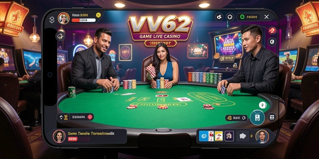 Screenshot gameplay VV62 menampilkan dealer profesional dan tabel permainan yang menarik.