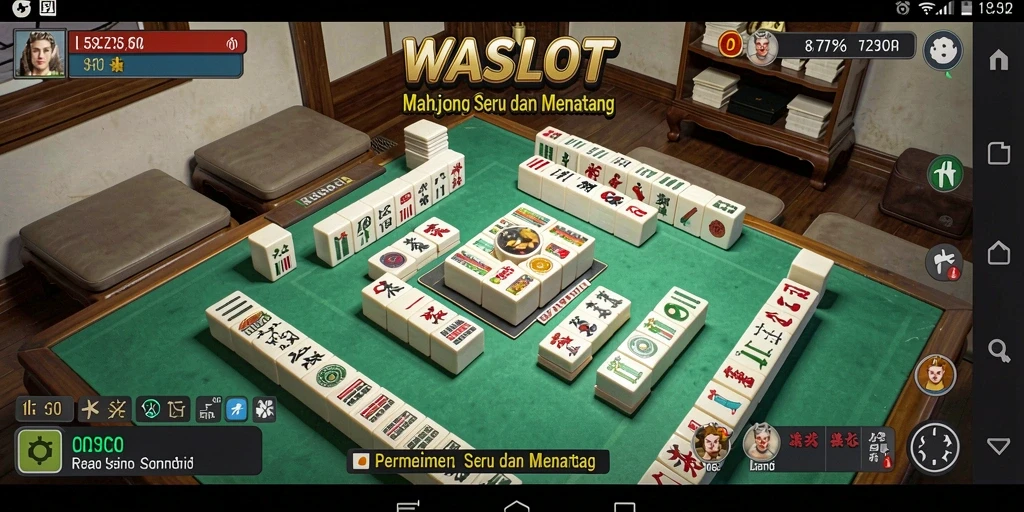 Tampilan menarik dari gameplay <strong>WASLOT</strong> dengan ubin Mahjong yang berwarna-warni.