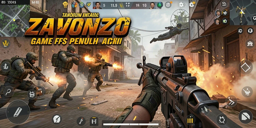 Tampilan gameplay menegangkan dalam ZAVONZO yang menonjolkan aksi tembak-menembak.